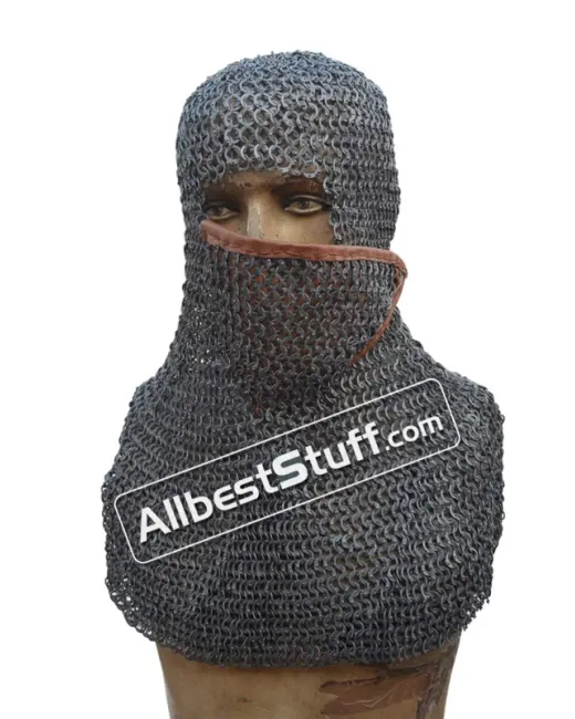 9 MM Full Flat Riveted Chain Mail Hood with Side ventail Coif