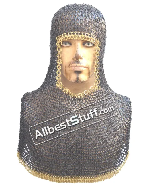 Flat Riveted Solid Maille Coif Steel Brass Trim