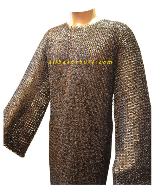 Full Sleeve Chain Maille Hauberk Dome Riveted 9 mm Flat Solid Rings