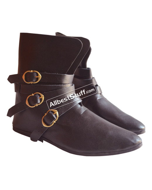 SALE! Medieval Leather Shoe Three Brass Buckle Brown