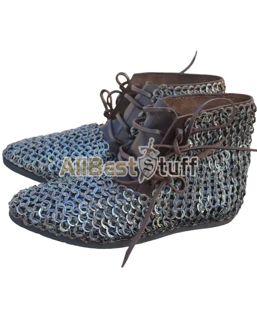 Medieval Ankle Leather Shoes with Titanium Chainmail